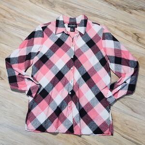 💚Requirements Coral & Black Checkered Linen Long Sleeve Top Medium